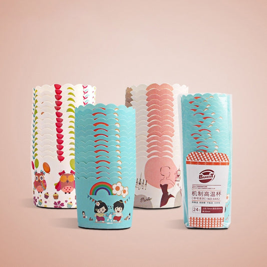 Round lamination cake cup liners, assorted printed designs, 24-pack box included