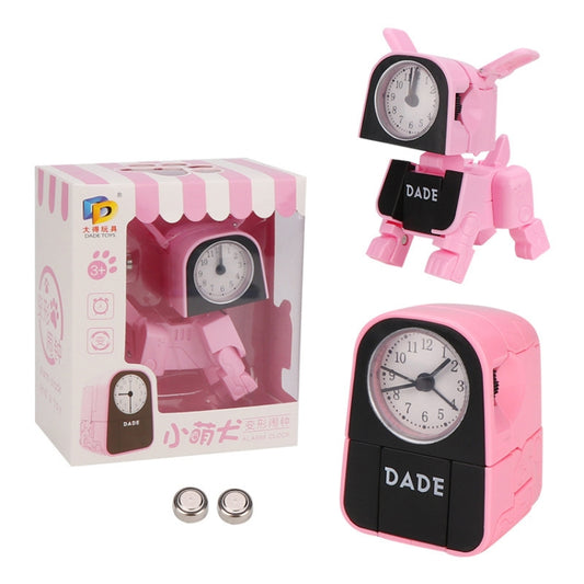Pink robot alarm clock toy with round dial face and Dade logo, front view