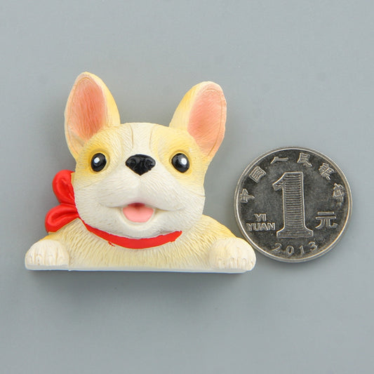 Cream French bulldog 3D wall decal with red collar next to coin for size