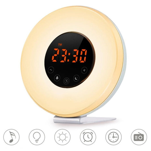 Round wake-up light alarm clock with cream glow and digital time display