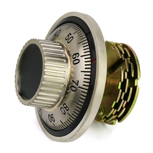 Mechanical code disk lock side view with numbered ring and dark dial insert