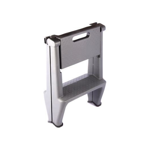 Gray folding step stool ladder with vented side panels and perforated step