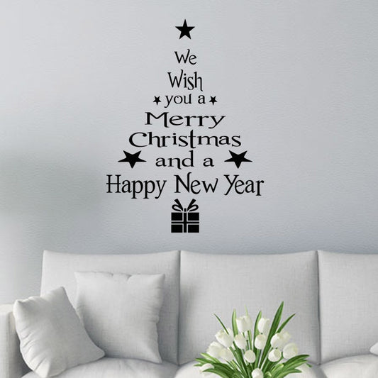 Black Christmas wall decal with stars, gift icon, and “We Wish you a Merry Christmas...”