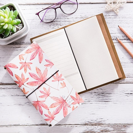 Small account notebook with pink leaf patterned cover, open view with lined pages