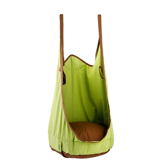 Hanging hammock swing with lime fabric and brown-trim seat, rope suspension loops