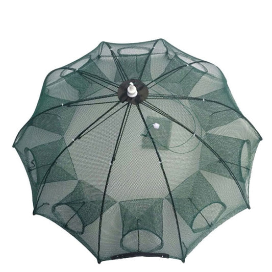 Green nylon foldable fishing net trap with circular frame and central trigger knob