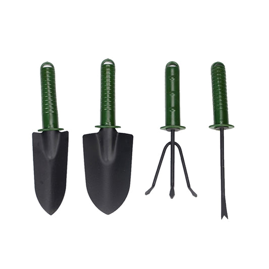 Garden hand tool set with two green-handled spades, a fork, and a trowel