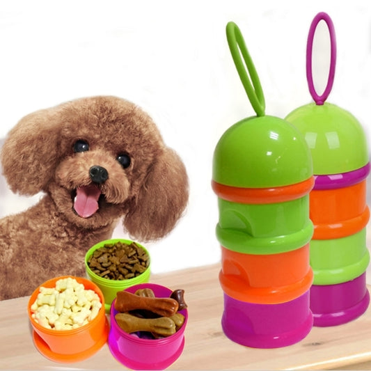 Three-layer pet snack storage barrel with purple, green, and orange stackable compartments
