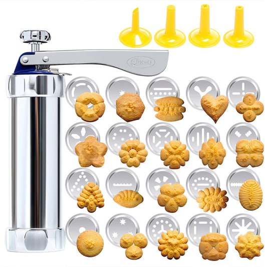 Aluminum cookie press gun with silver body, yellow nozzles, and assorted cookie discs