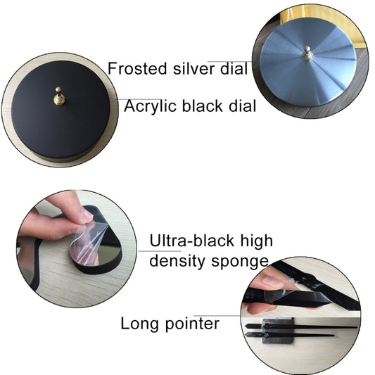 Mirrored wall clock sticker components: frosted silver dial, black acrylic dial, pointer