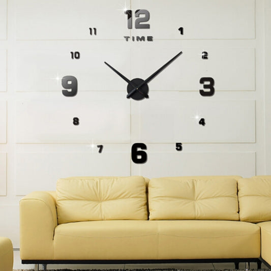 Black mirrored 3D frameless wall clock sticker set with numbers and hands
