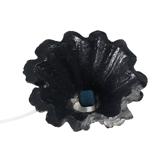 Black resin volcano ornament with a small blue tube outlet on the underside.