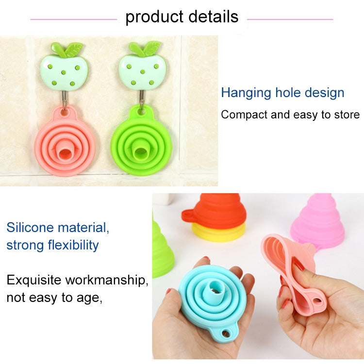 Foldable silicone funnels with hanging loops in green and pink