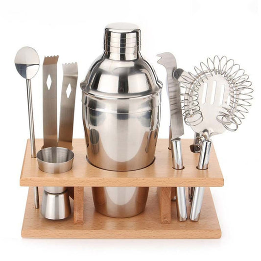 Stainless steel cocktail shaker set with wooden mount and metal bar tools