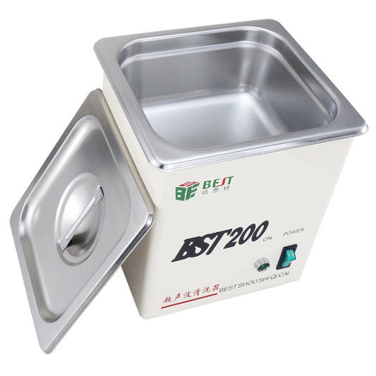Stainless steel ultrasonic cleaner with open lid and square inner cleaning tank