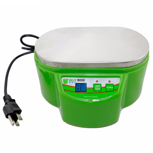 Mini ultrasonic cleaner with green base, stainless tank, and front digital display panel.