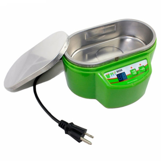 Mini ultrasonic cleaner with hinged lid and stainless steel tank, green digital control panel.