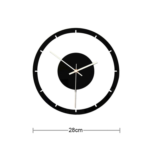 Round wall clock with black rim and clear face, black center disc, gold hands; 28cm