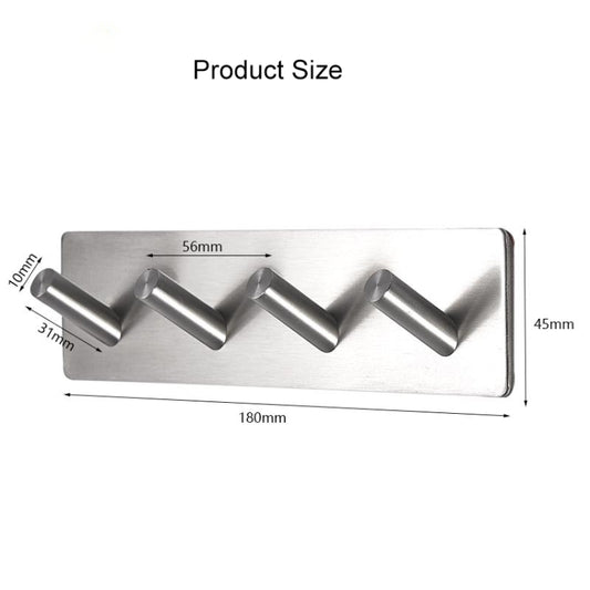 Stainless steel four-hook wall rack with size diagram and angled hooks
