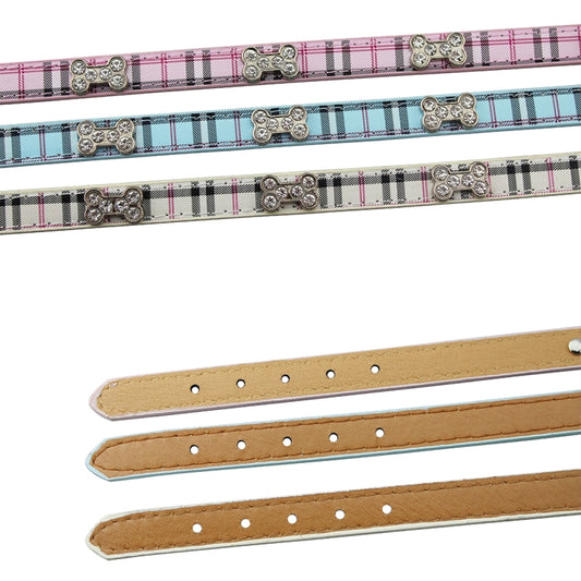 Plaid dog collars in pink and blue with rhinestone bone charms and tan leather backing