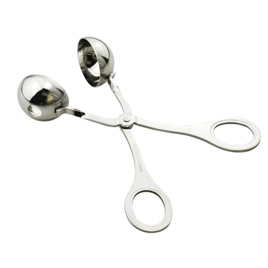 Stainless steel meatball maker scoop with long handles and oval hand grips