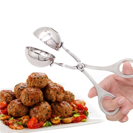 Stainless steel meatball maker clip with round scoop and finger handles