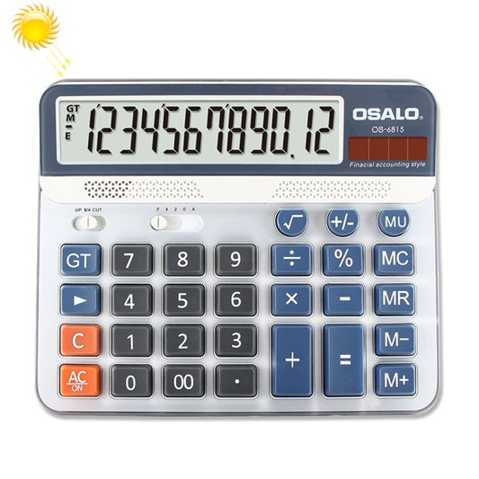 OSALO desktop calculator with 12-digit display, dark blue keys, dual power solar and battery