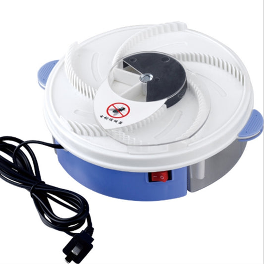 White and blue automatic fly trap with black center fan and attached power cord