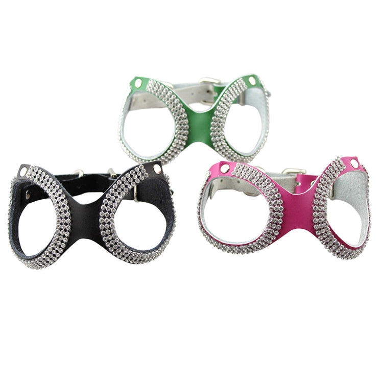 Assorted rhinestone dog chest straps in black, magenta, and green goggles-style design