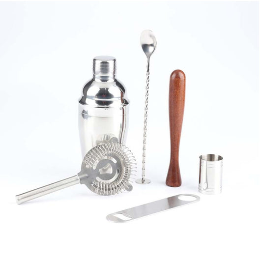Stainless steel cocktail shaker with wooden handle jigger and metal strainer tools
