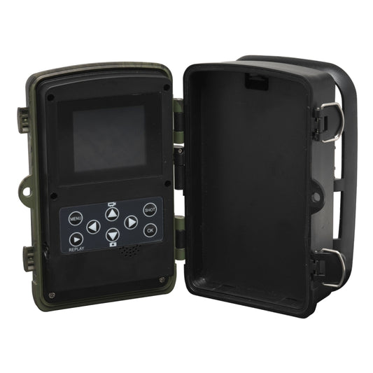 Camouflage trail camera with open LCD screen display and closed housing