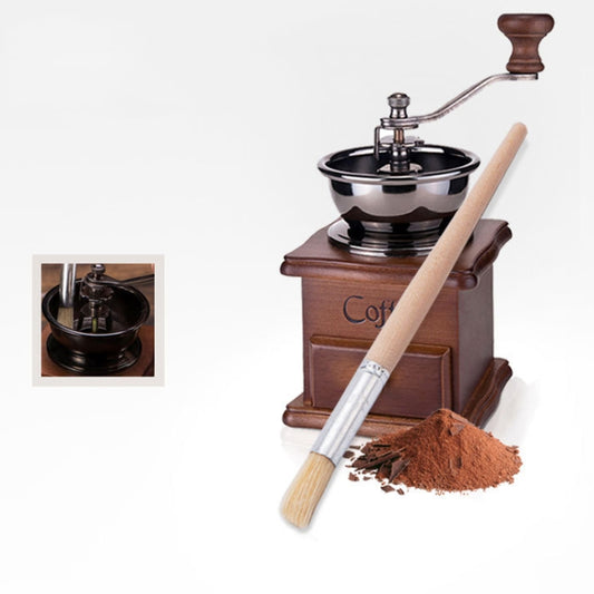 Wood-handled bristle coffee grinder cleaning brush, light tan bristles