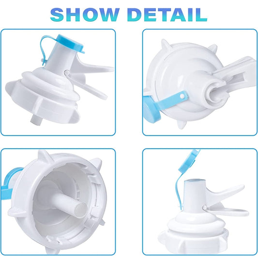 Water bottle faucet valve detail showing white base, blue lever, and side spigot