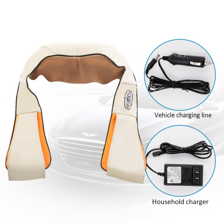 Vibration neck shawl massager with control panel, cream fabric and orange trim