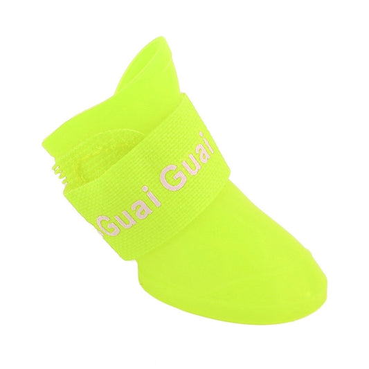 Single neon green pet rubber rain boot with fabric strap top, size S.