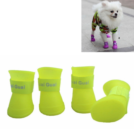 Neon green pet rubber rain boots with textured grip sole, puppy size S.