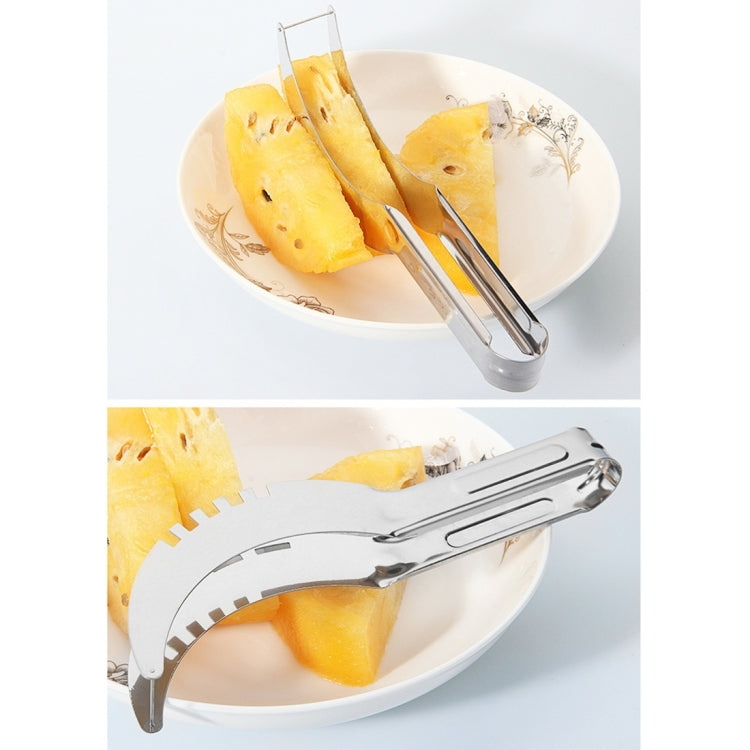Watermelon cutter slicing with curved blade, watermelon pieces on a plate