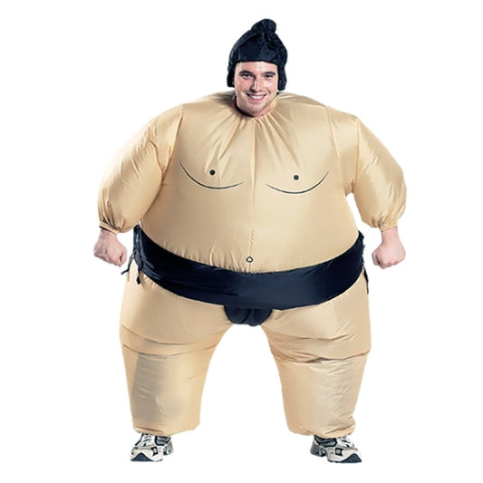 Inflatable sumo wrestler costume with tan jumpsuit, black belt, and dark hooded cap