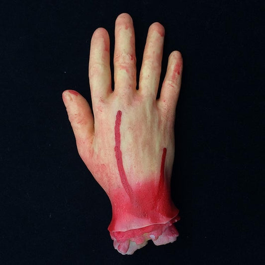 Beige five-finger bloody hand prop with red slash stains, short wrist end