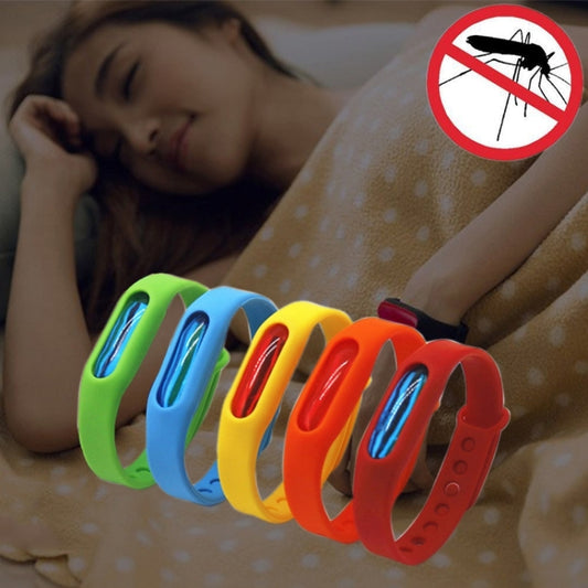 Set of colorful silicone anti-mosquito wristbands with buckle-style closures on wrist