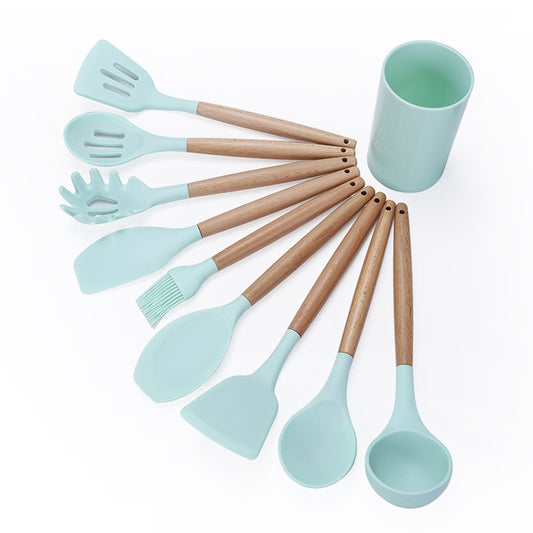 Mint silicone kitchen tool set with wooden handles and matching storage bucket