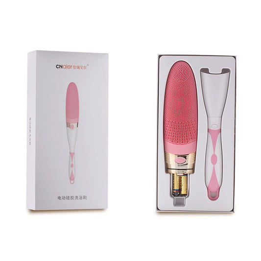 Pink electric bath body massage brush kit with silicone vibration head and base