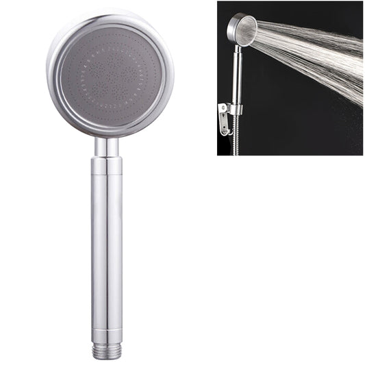 Silver handheld shower head with round spray face and long cylindrical handle