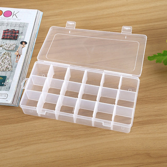 Open clear plastic organizer with lid and 18 divided slots for small accessories