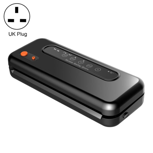 Black vacuum food sealer machine with control panel and orange buttons, UK plug