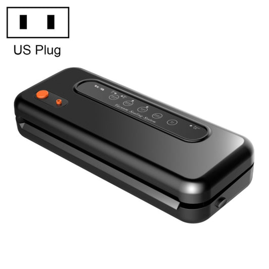 Black food vacuum sealer machine with US plug, orange control buttons, and sealing bar