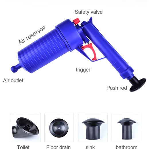 Pneumatic drain blaster with safety valve, air outlet, and push rod
