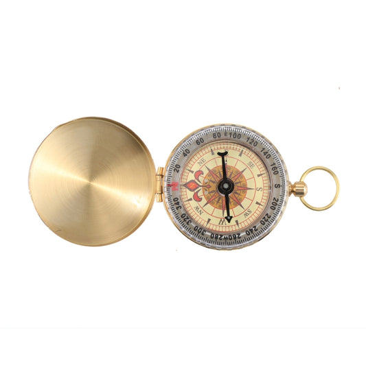 Gold-tone pocket compass opened, round brass cover and compass face with ring