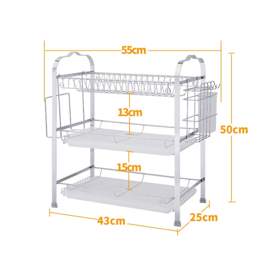 Chrome wire dish rack with three-tier plate holders, two tray base and side frame