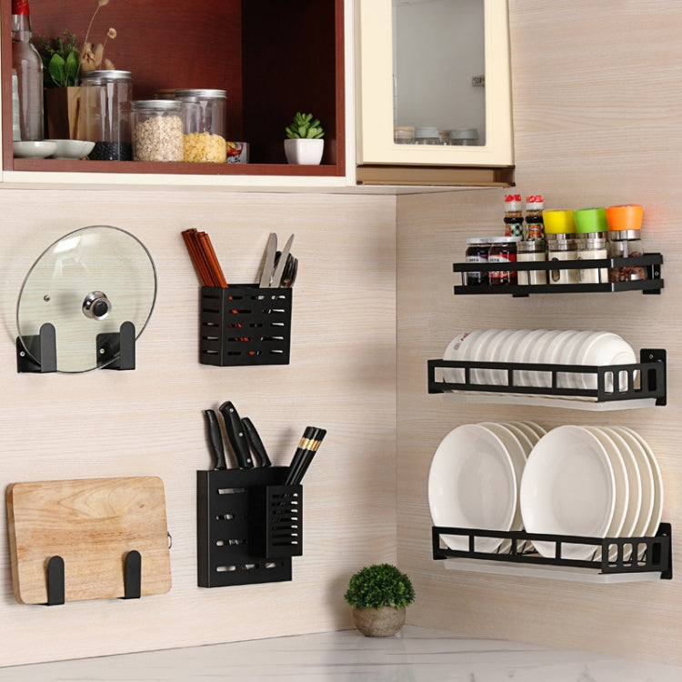 Wall-mounted kitchen rack set with chopping block holder, knife storage, and plate rack
